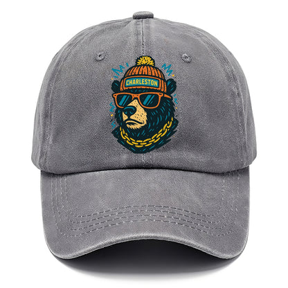 West Virginia Black Bear wearing Charleston beanie with pom pom and wayfarer - Classic Cap - Urban Haze(Grey)