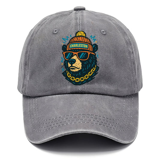 West Virginia Black Bear wearing Charleston beanie with pom pom and wayfarer - Classic Cap - Urban Haze(Grey)