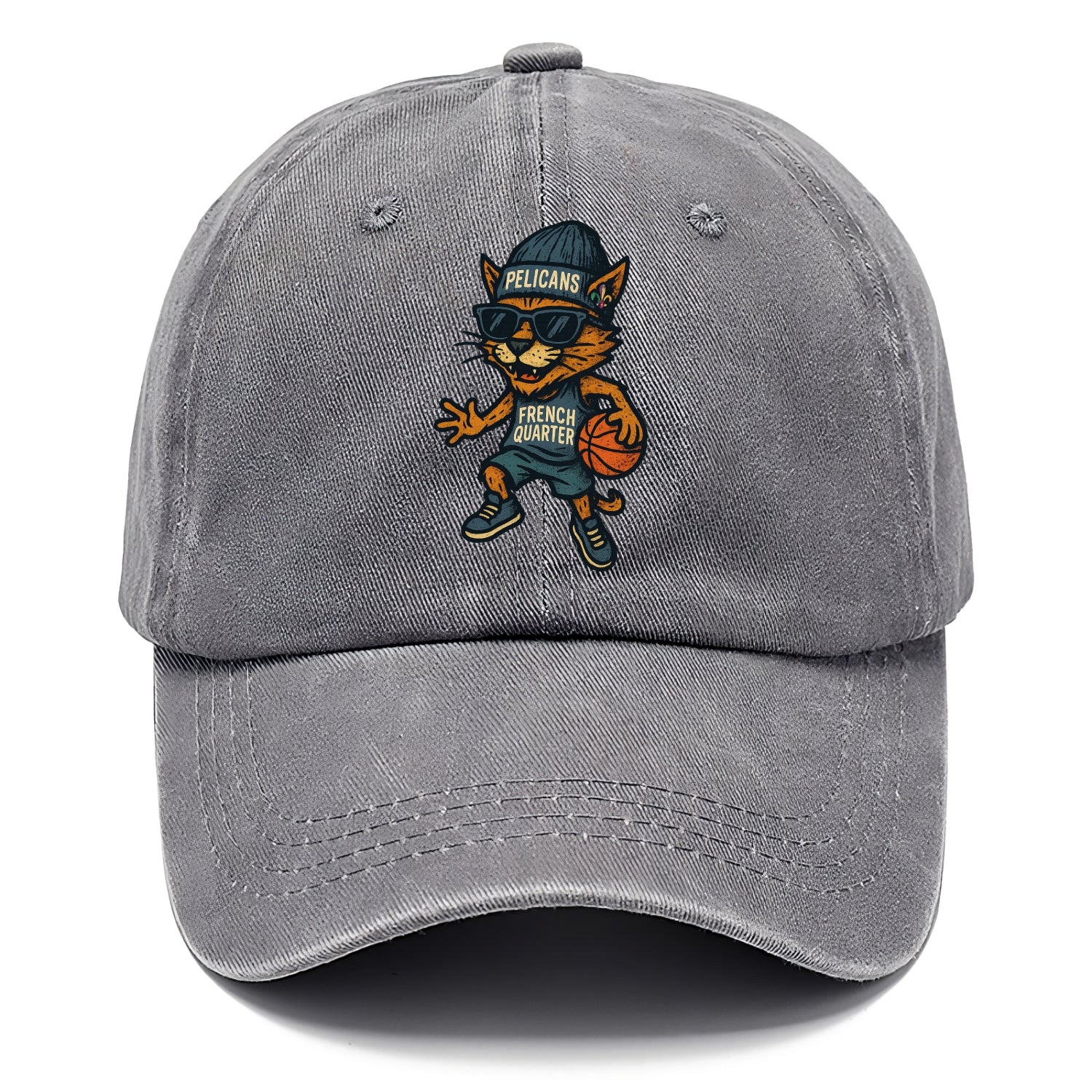 French Quarter Cat wearing Pelicans beanie with Mardi Gras patch and wayfarer - Classic Cap - Urban Haze(Grey)
