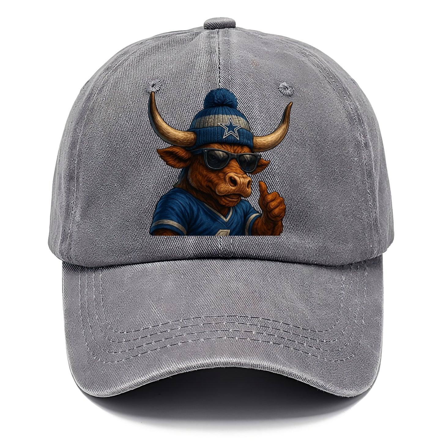 Texas Longhorn wearing Cowboys silver and blue beanie with star and wayfarer - Classic Cap - Urban Haze(Grey)
