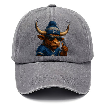 Texas Longhorn wearing Cowboys silver and blue beanie with star and wayfarer - Classic Cap - Urban Haze(Grey)