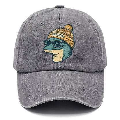 Charleston Dolphin wearing Charleston beanie with pom pom and wayfarer sunglasses - Classic Cap - Urban Haze(Grey)
