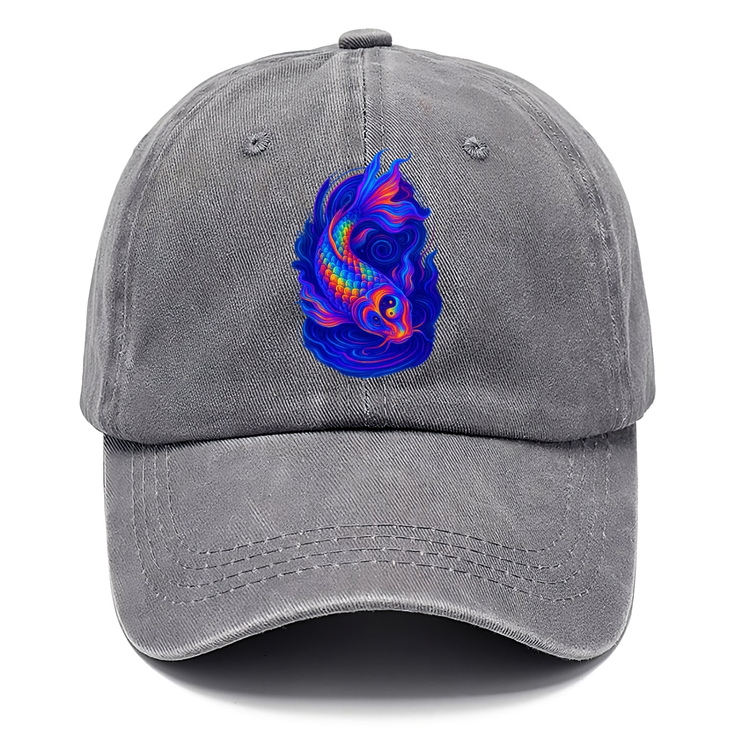 Sacred koi with scales reflecting rainbow prisms, yin-yang patterns in cosmic colors, - Classic Cap - Urban Haze(Grey)