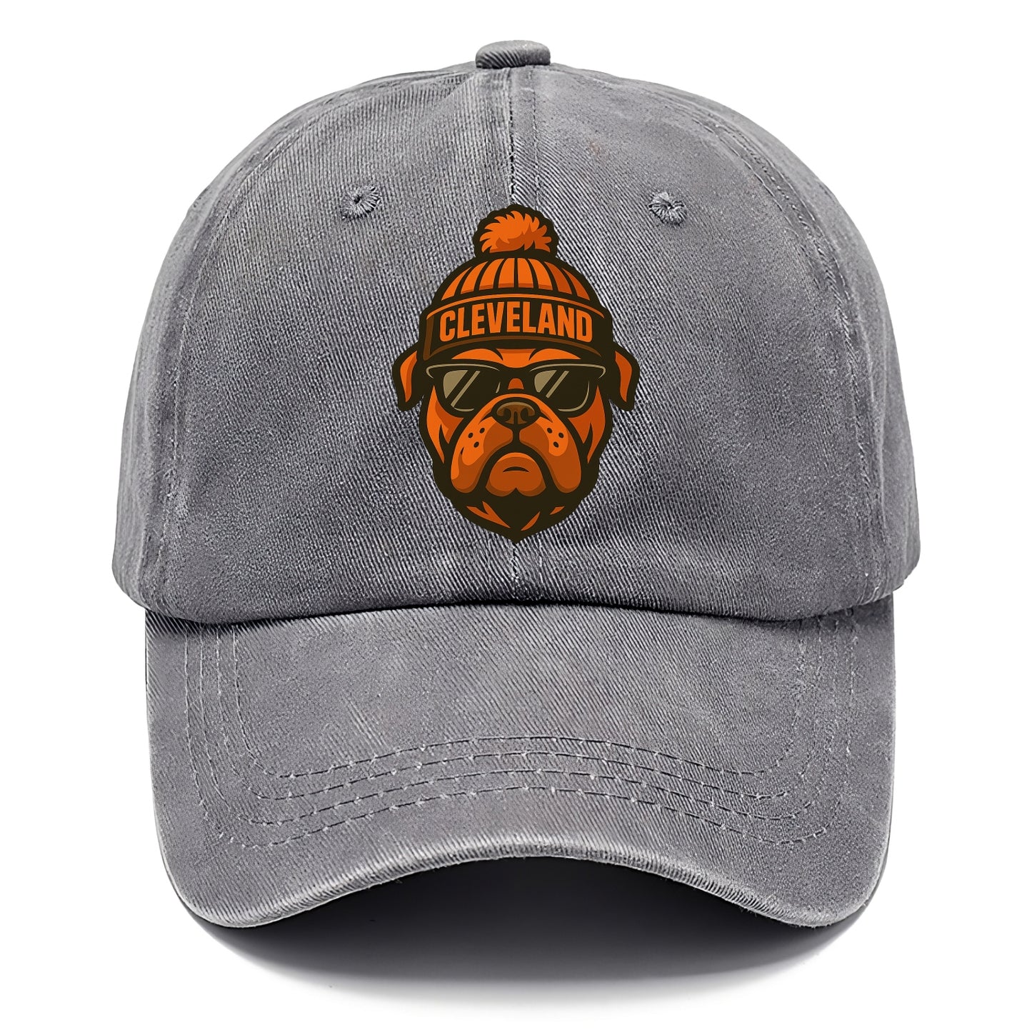 Cleveland Bulldog wearing Browns orange and brown beanie with pom pom and wayfarer - Classic Cap - Urban Haze(Grey)