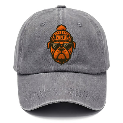 Cleveland Bulldog wearing Browns orange and brown beanie with pom pom and wayfarer - Classic Cap - Urban Haze(Grey)
