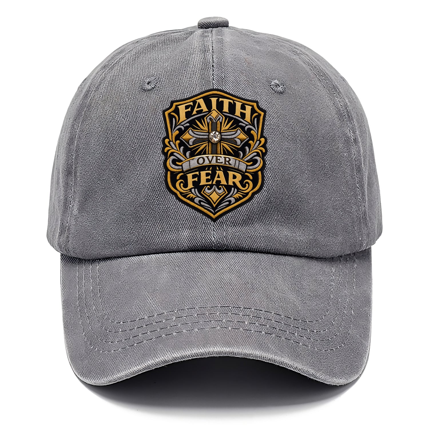 FAITH OVER FEAR - cross with text in gold , spiritual strength - Classic Cap - Urban Haze(Grey)