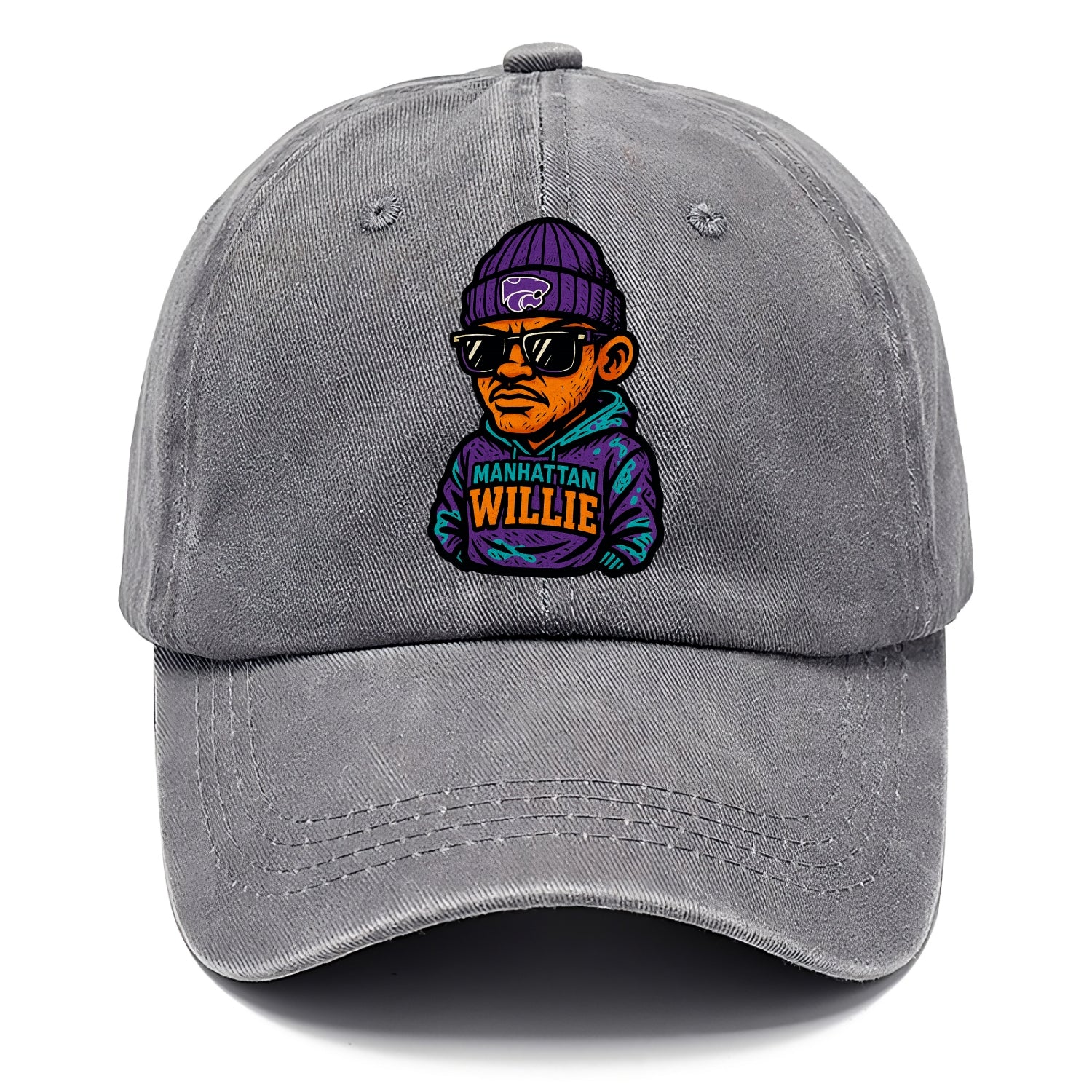 Manhattan Willie wearing Kansas State beanie with powercat patch - Classic Cap - Urban Haze(Grey)