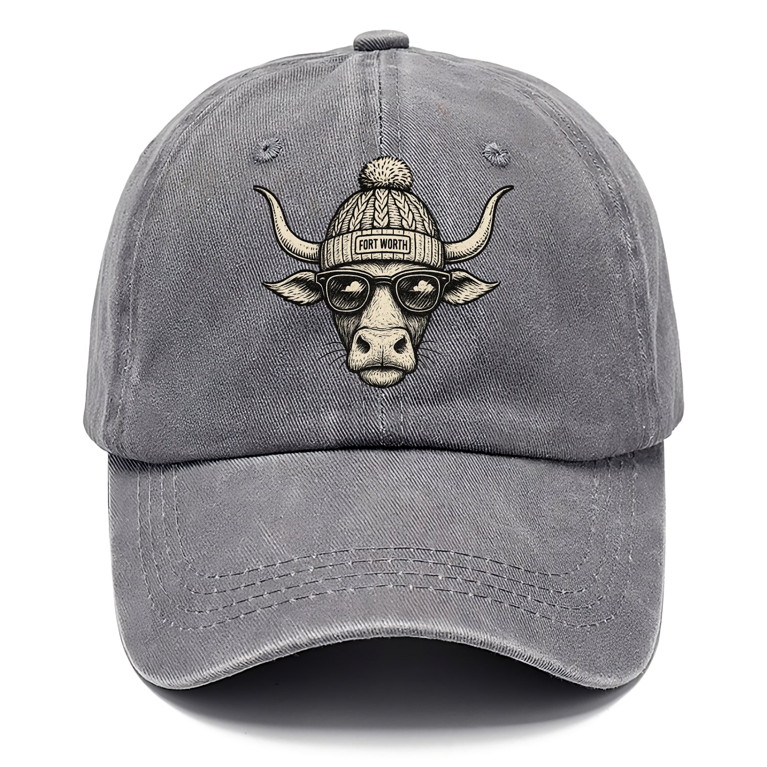 Fort Worth Longhorn wearing Fort Worth beanie with pom pom and wayfarer sunglasses - Classic Cap - Urban Haze(Grey)