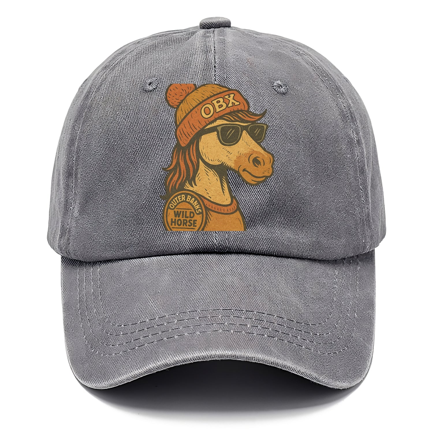 Outer Banks Wild Horse wearing OBX beanie with pom pom and wayfarer sunglasses - Classic Cap - Urban Haze(Grey)
