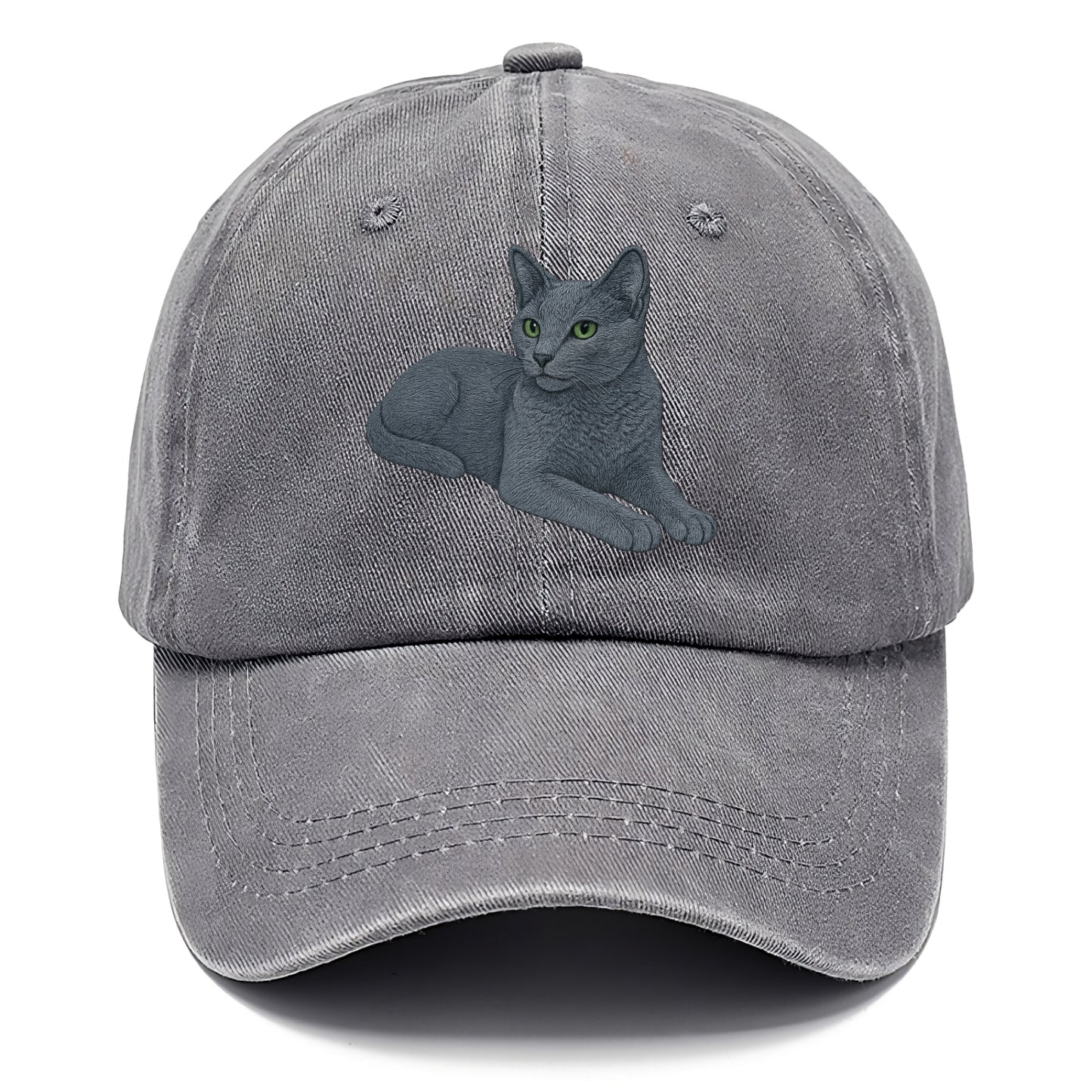 Russian Blue  relaxed lying down with he Classic Cap - Urban Haze(Grey)
