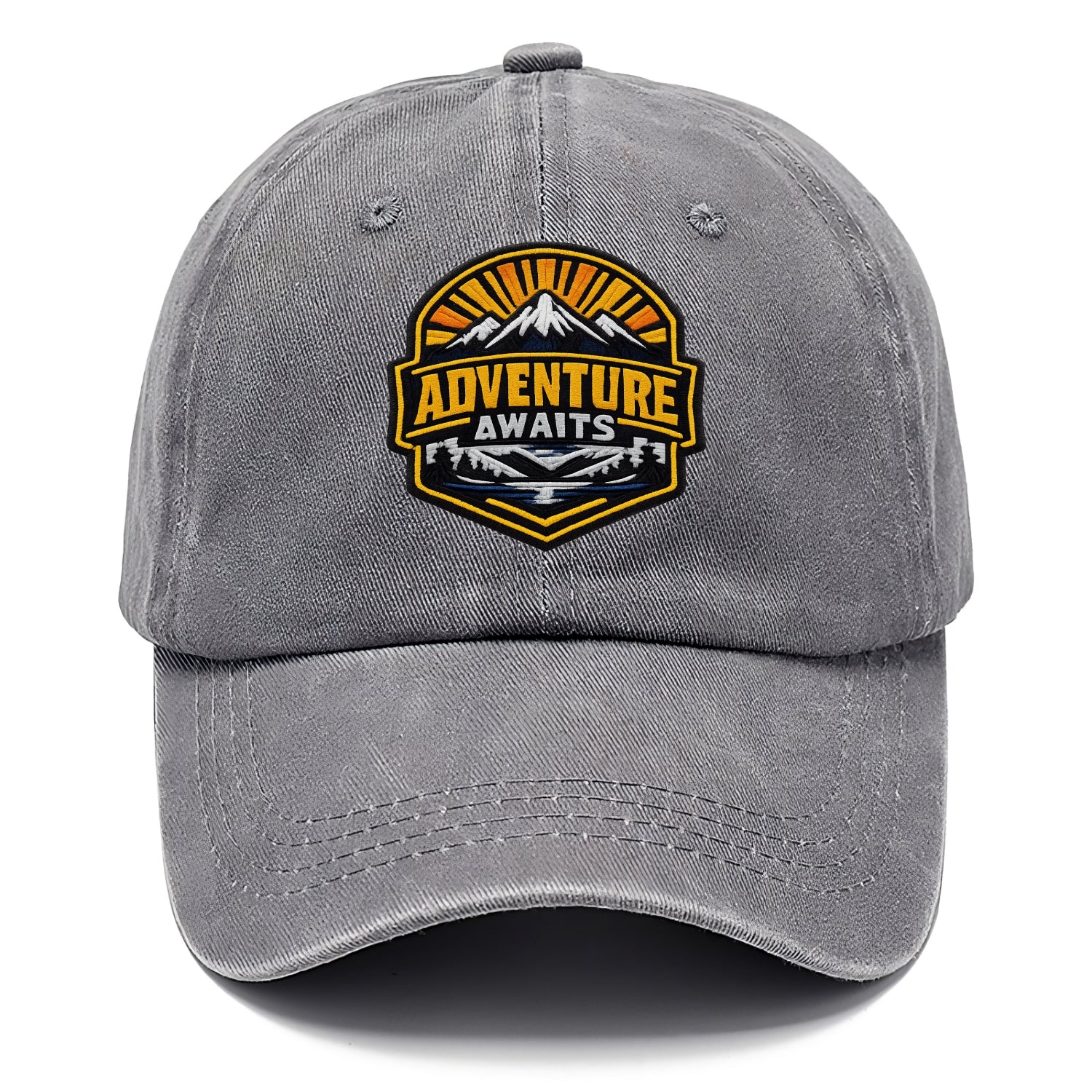 ADVENTURE AWAITS - mountain sunrise with text in gold and blue , wanderlust - Classic Cap - Urban Haze(Grey)