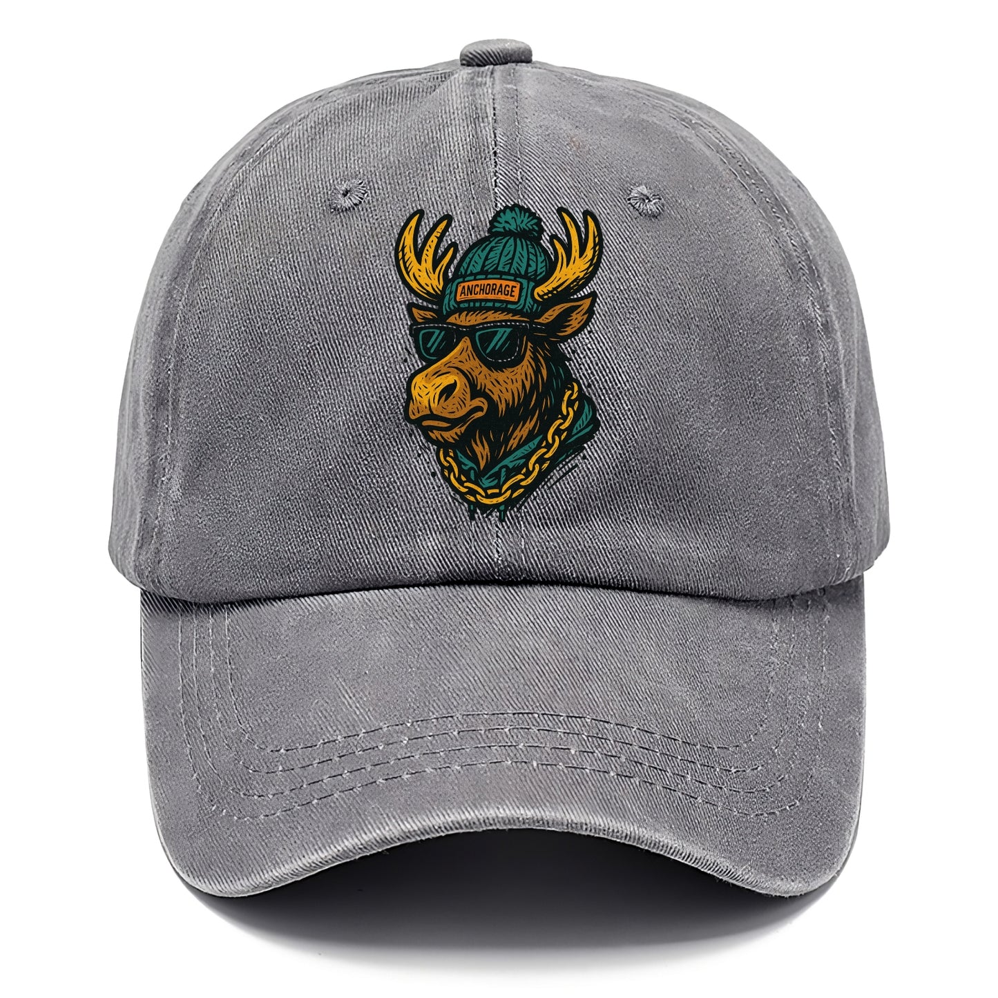 Alaska Moose wearing Anchorage beanie with pom pom and wayfarer sunglasses - Classic Cap - Urban Haze(Grey)