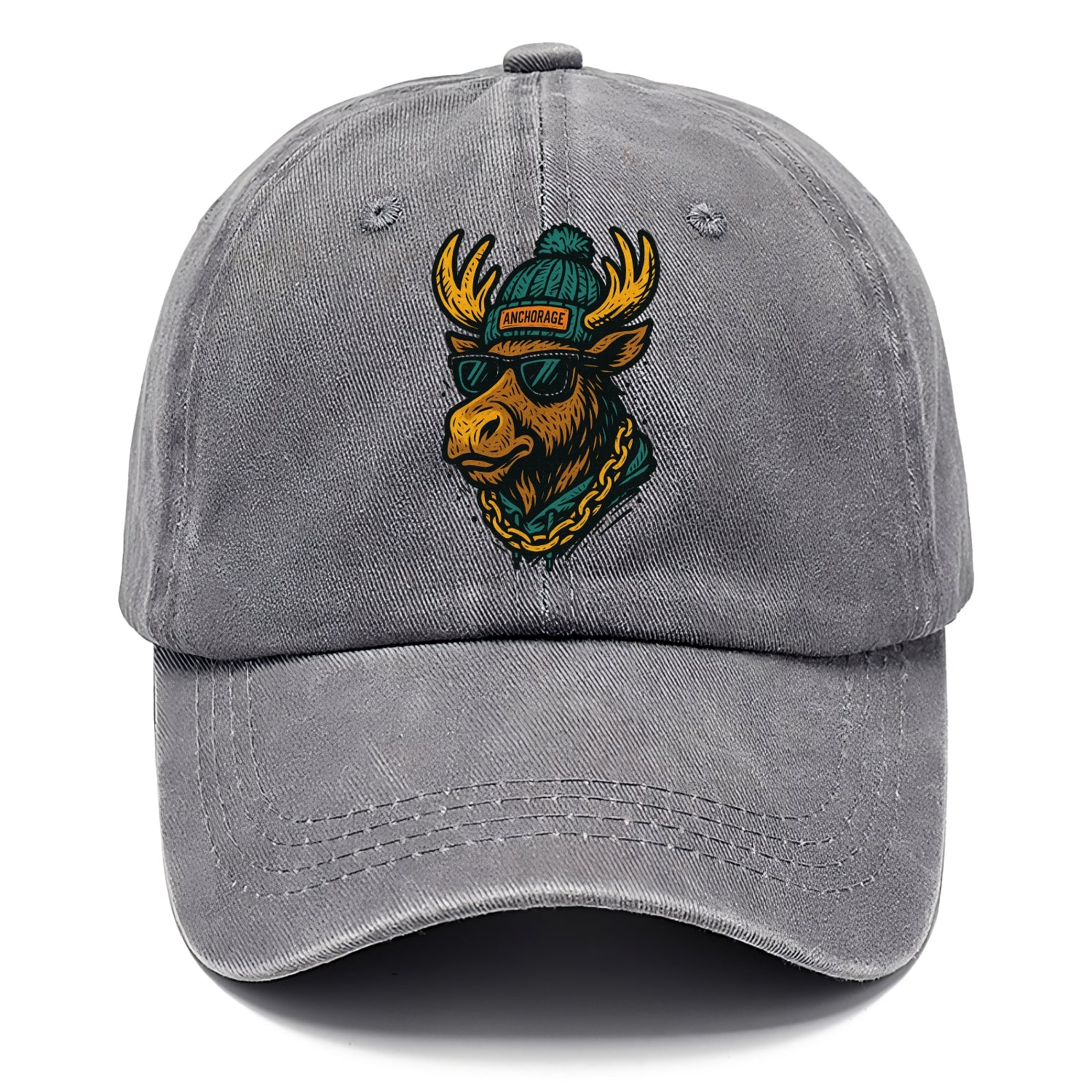 Alaska Moose wearing Anchorage beanie with pom pom and wayfarer sunglasses - Classic Cap - Urban Haze(Grey)