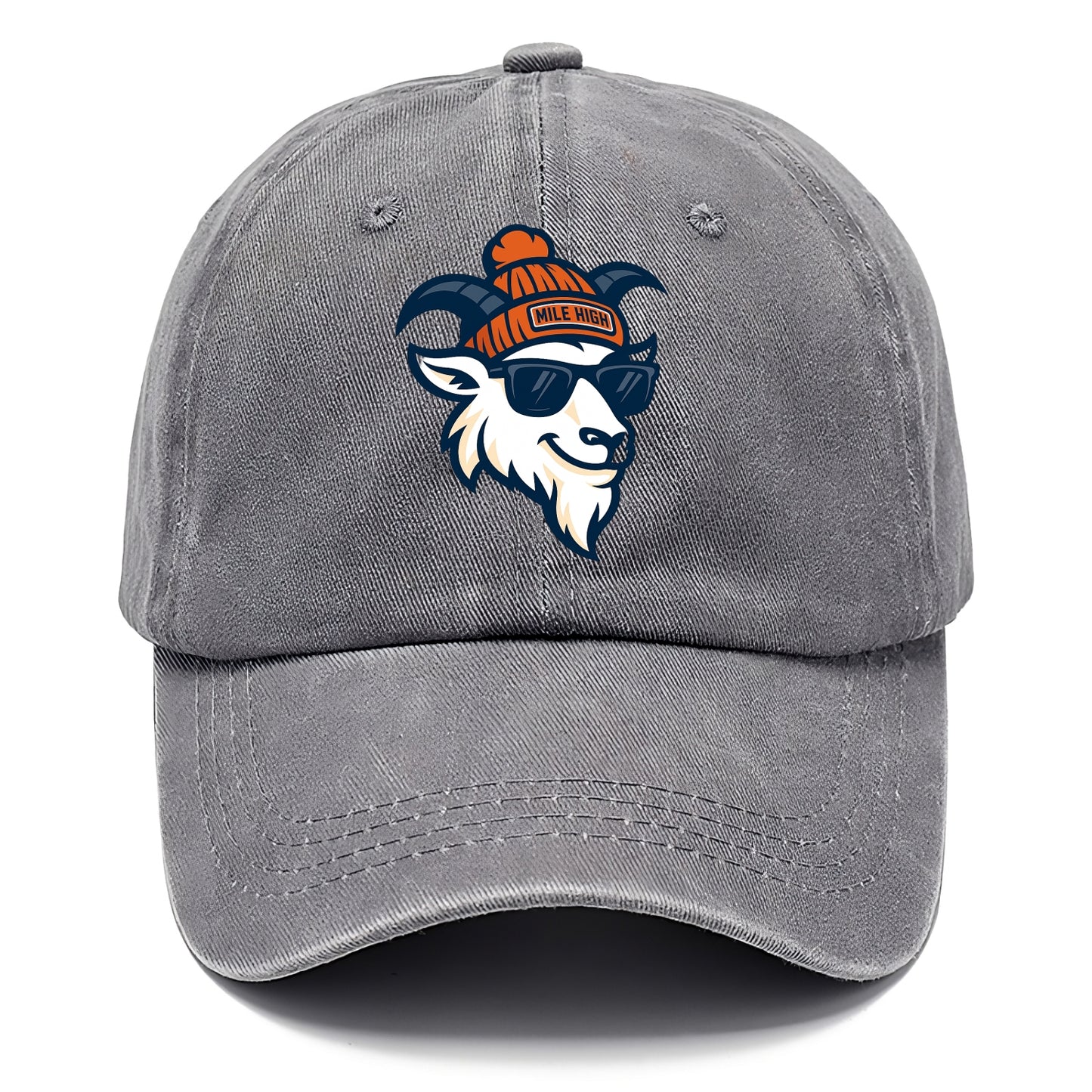 Denver Mountain Goat wearing Broncos beanie with Mile High patch and wayfarer - Classic Cap - Urban Haze(Grey)