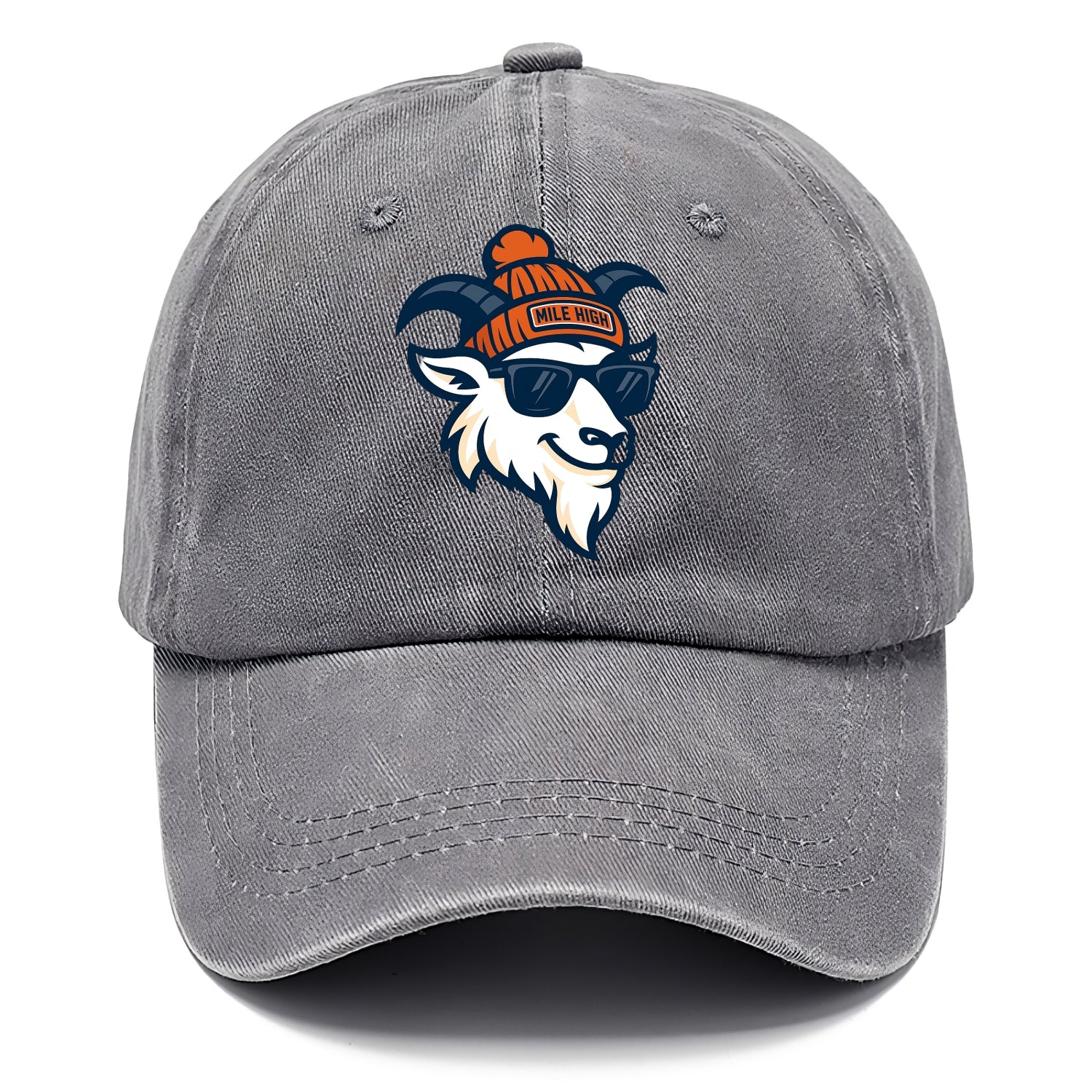 Denver Mountain Goat wearing Broncos beanie with Mile High patch and wayfarer - Classic Cap - Urban Haze(Grey)