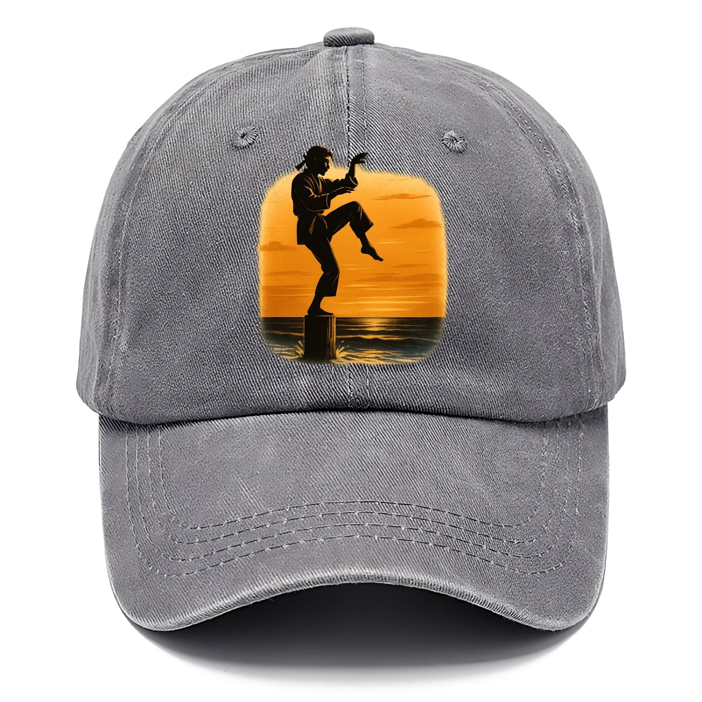 karate crane kick pose on wooden post at beach sunset - Classic Cap - Urban Haze(Grey)