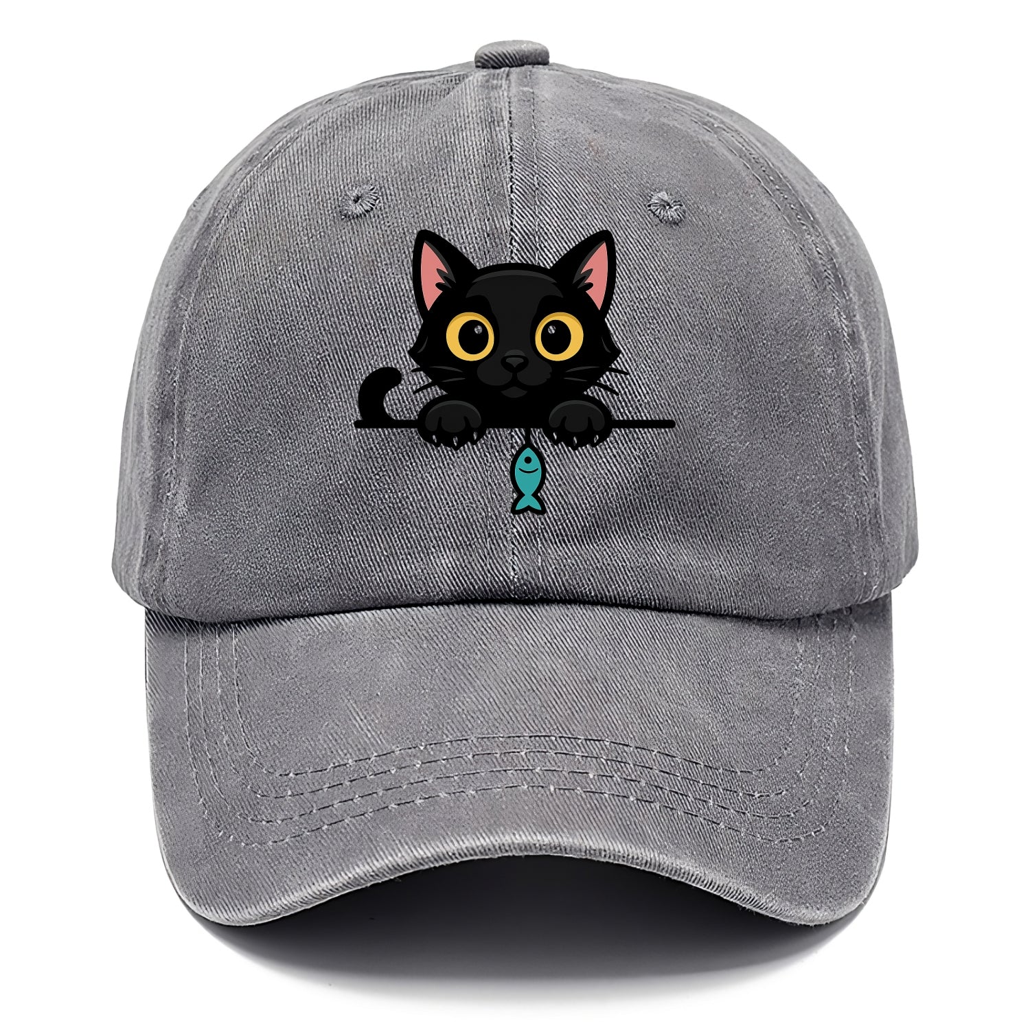 Midnight the black cat holding a tiny yarn ball between both paws while peeking. - Classic Cap - Urban Haze(Grey)
