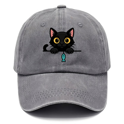 Midnight the black cat holding a tiny yarn ball between both paws while peeking. - Classic Cap - Urban Haze(Grey)