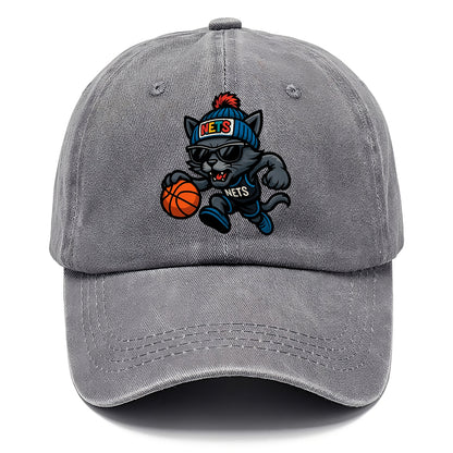 Brooklyn Cat wearing Nets beanie with street art patch and wayfarer sunglasses - Classic Cap - Urban Haze(Grey)