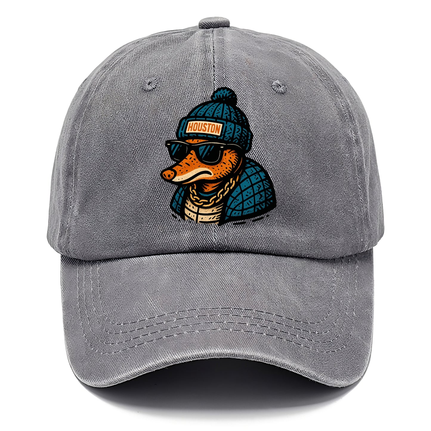 Houston Armadillo wearing Houston beanie with pom pom and wayfarer sunglasses - Classic Cap - Urban Haze(Grey)