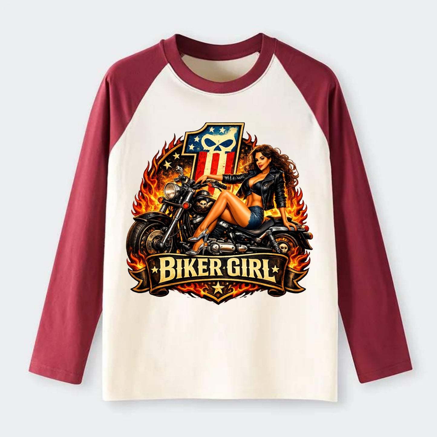 Vintage Biker Pin Up - Raglan Long Sleeve T-Shirt