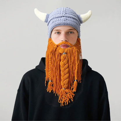 Viking Horn Knit Hat with Beard