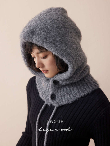 Wool Knit Hooded Scarf - All-in-One Winter Hat