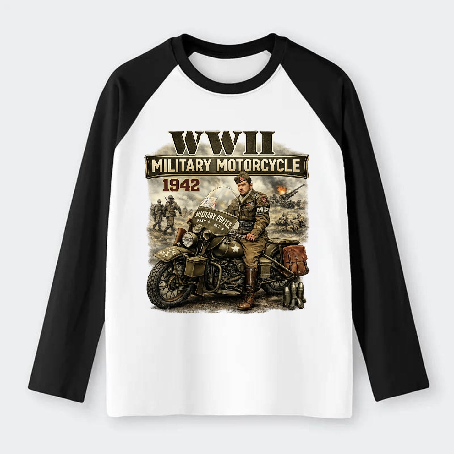 Wwii Military Motorcycle 1942 - Raglan Long Sleeve T-Shirt
