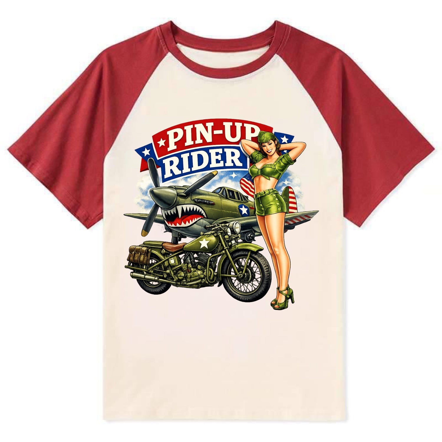 Wwii Pin Up Rider - Contrast Raglan T-shirt