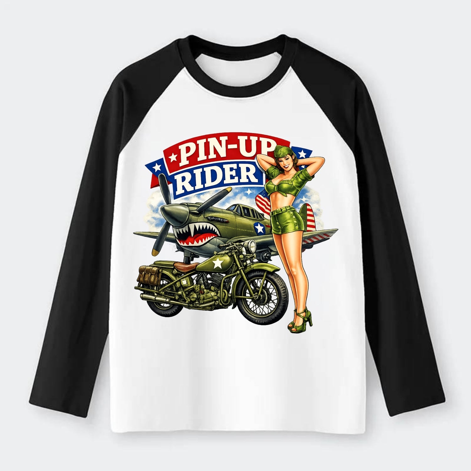 Wwii Pin Up Rider - Raglan Long Sleeve T-Shirt