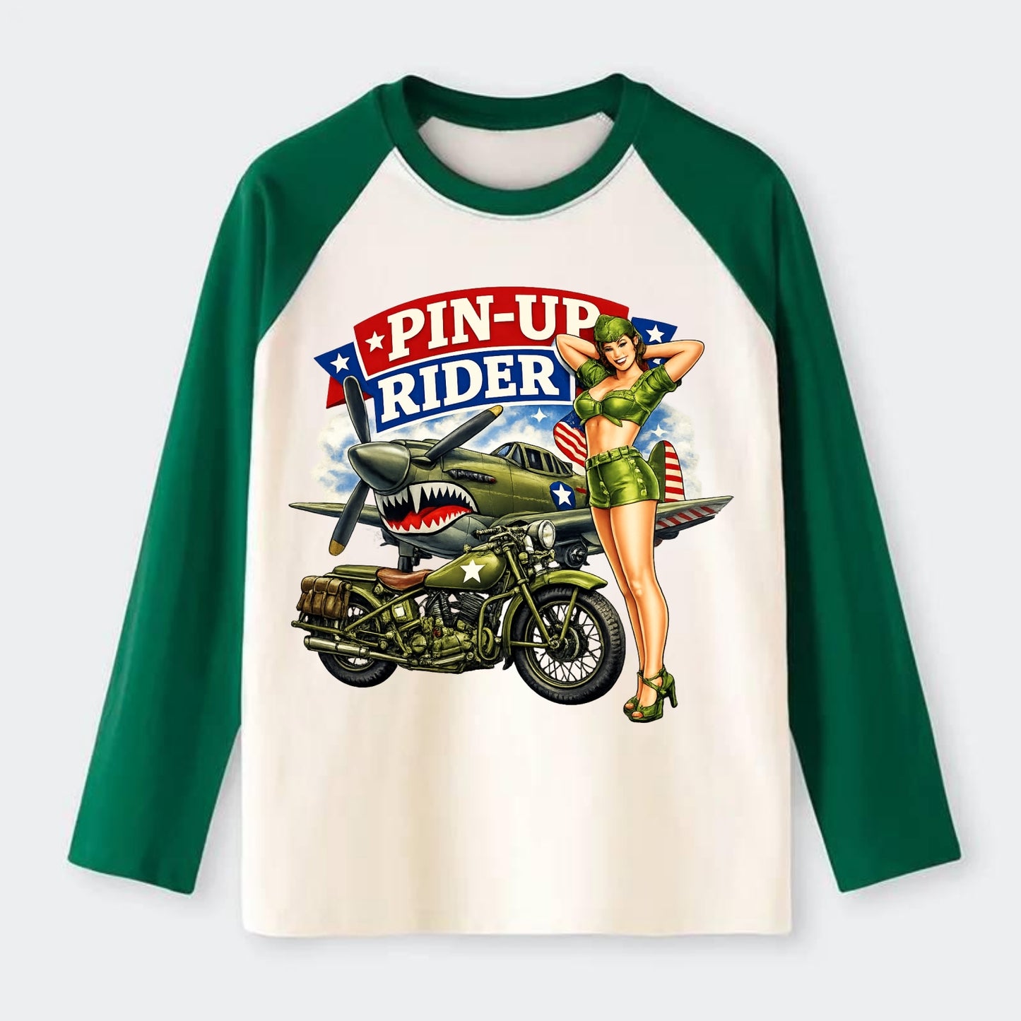 Wwii Pin Up Rider - Raglan Long Sleeve T-Shirt
