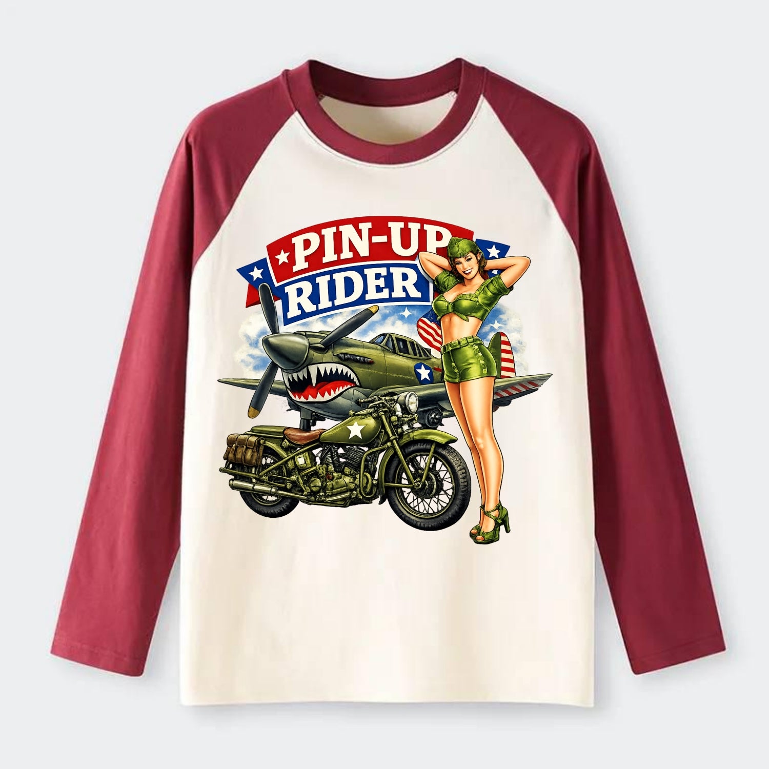 Wwii Pin Up Rider - Raglan Long Sleeve T-Shirt