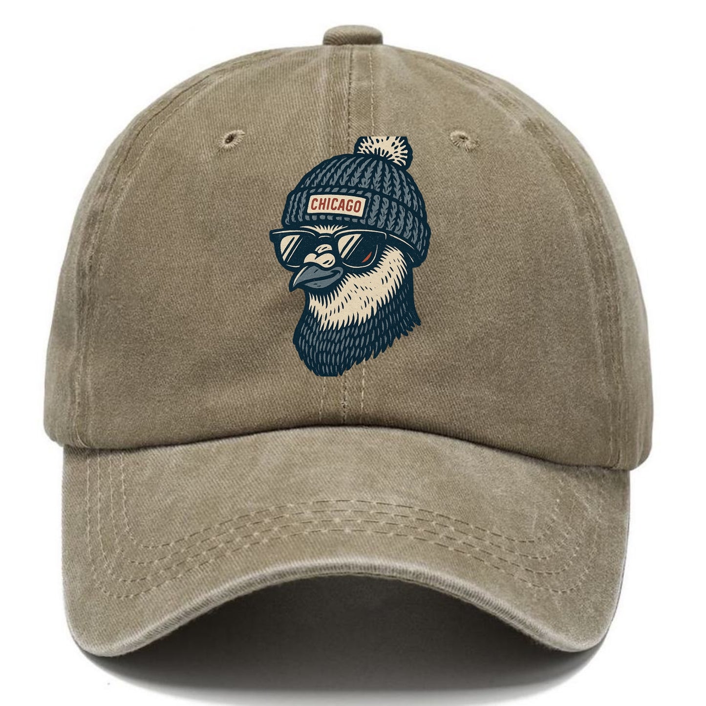 Chicago Pigeon wearing Chicago beanie with pom pom and wayfarer sunglasses - Classic Cap - Warm Sand(Khaki)
