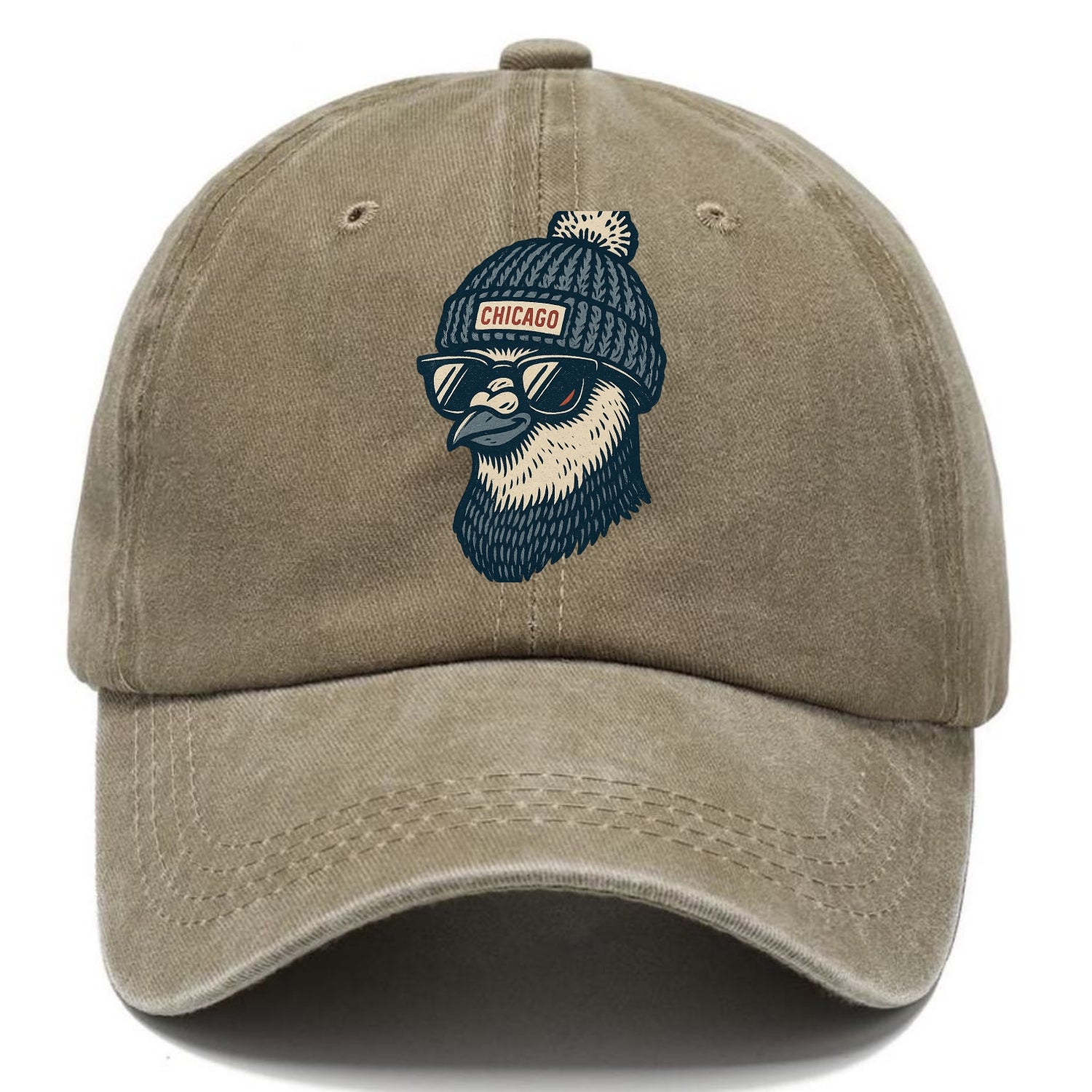 Chicago Pigeon wearing Chicago beanie with pom pom and wayfarer sunglasses - Classic Cap - Warm Sand(Khaki)