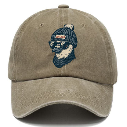 Chicago Pigeon wearing Chicago beanie with pom pom and wayfarer sunglasses - Classic Cap - Warm Sand(Khaki)