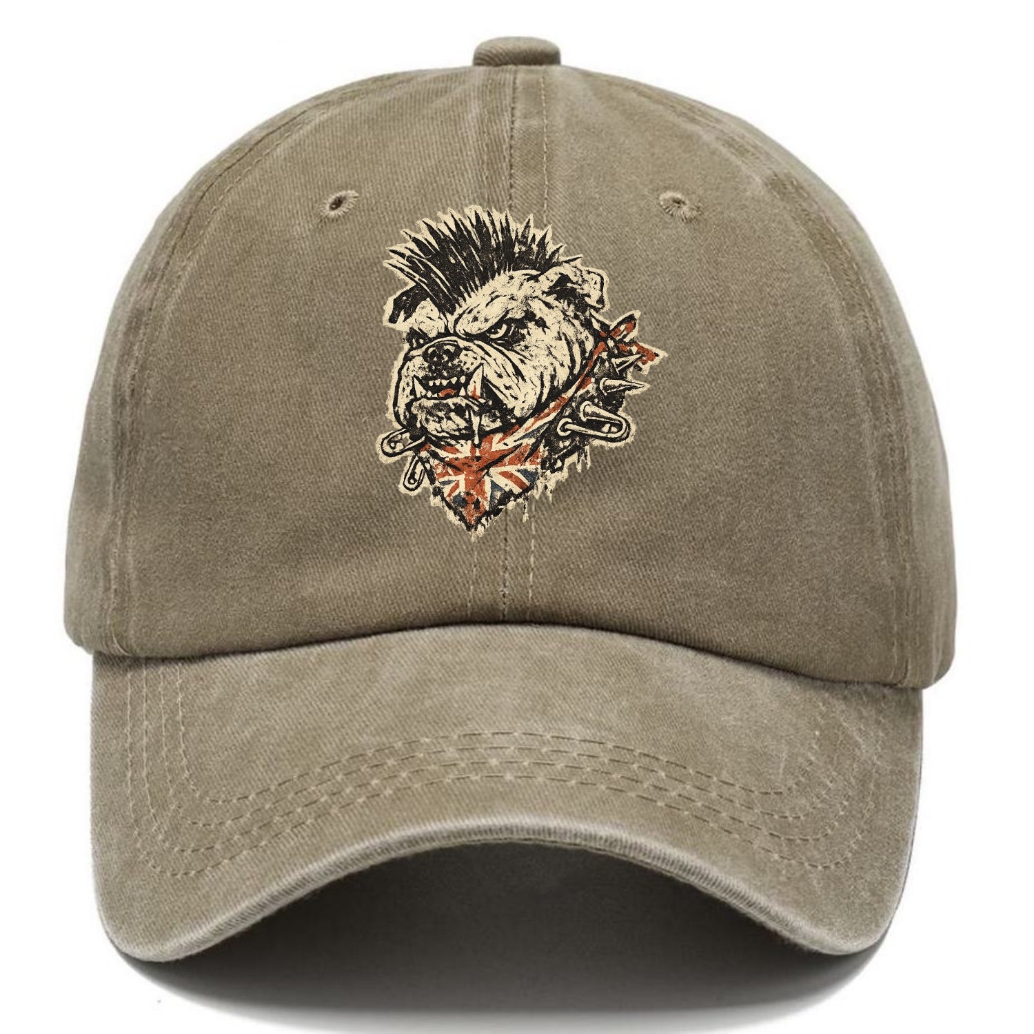 PUNK BULLDOG | British bulldog with mohawk | Safety pins through collar | Union Jack - Classic Cap - Warm Sand(Khaki)