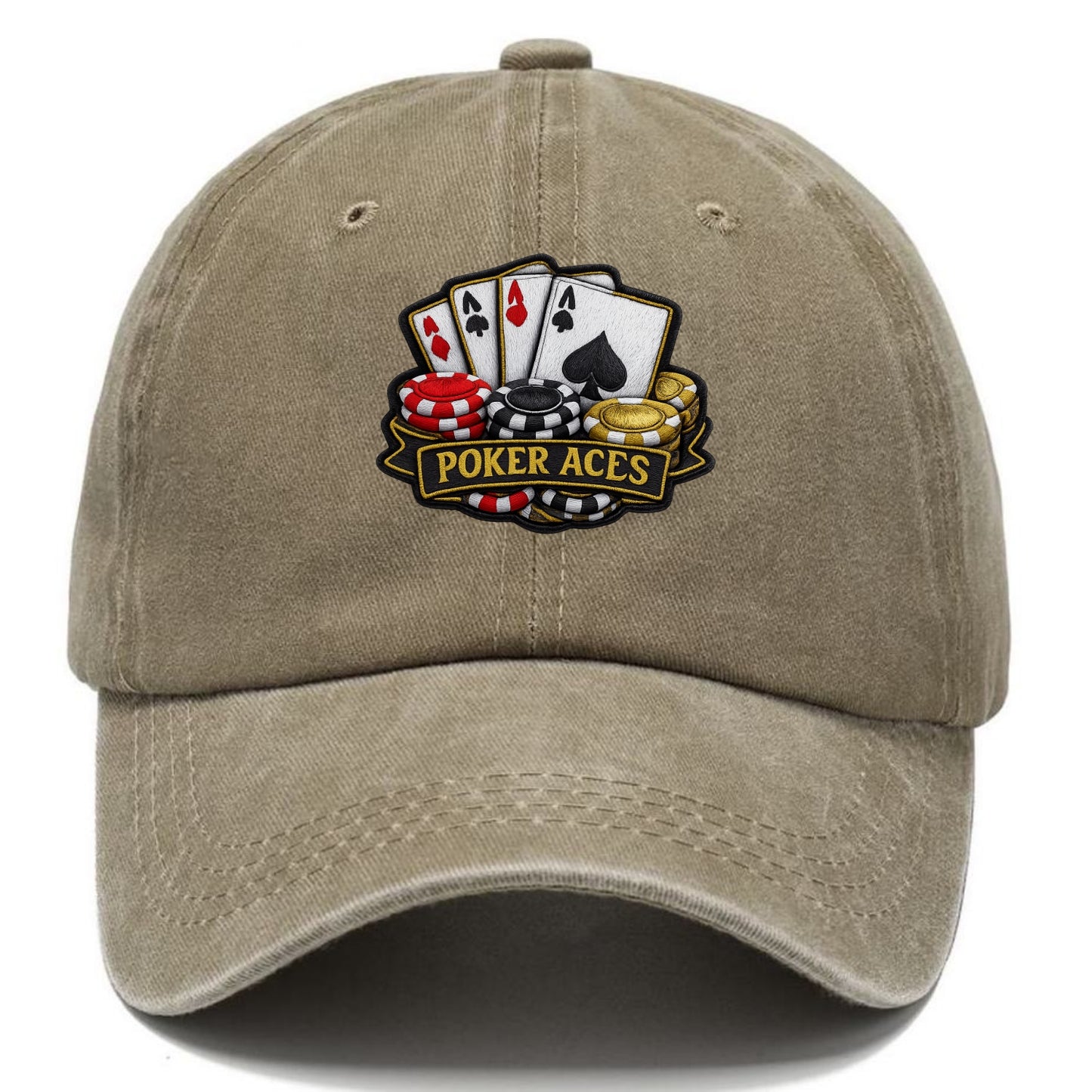 Embroidered patch design - POKER ACES - four aces with chips in red, black and gold - Classic Cap - Warm Sand(Khaki)