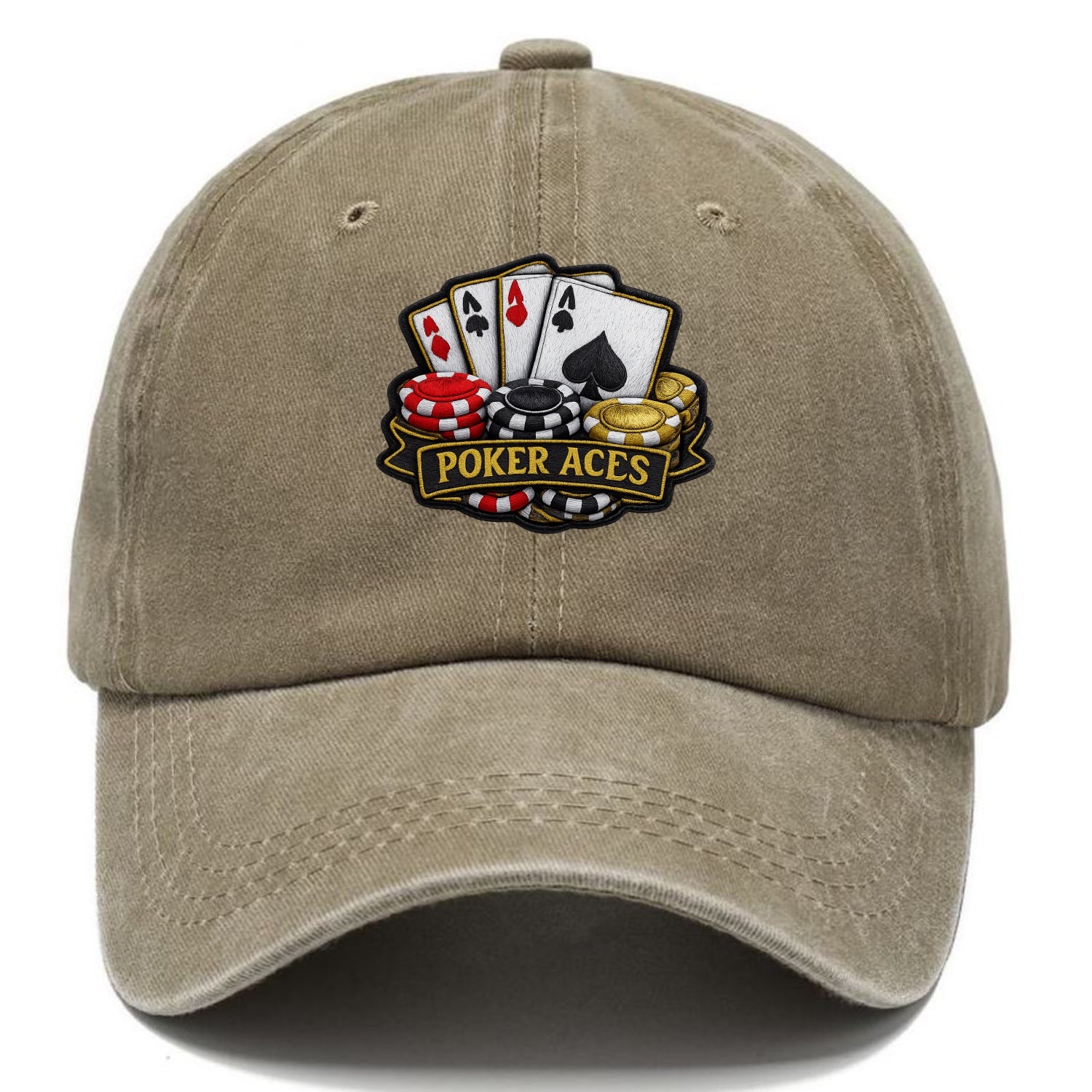 Embroidered patch design - POKER ACES - four aces with chips in red, black and gold - Classic Cap - Warm Sand(Khaki)