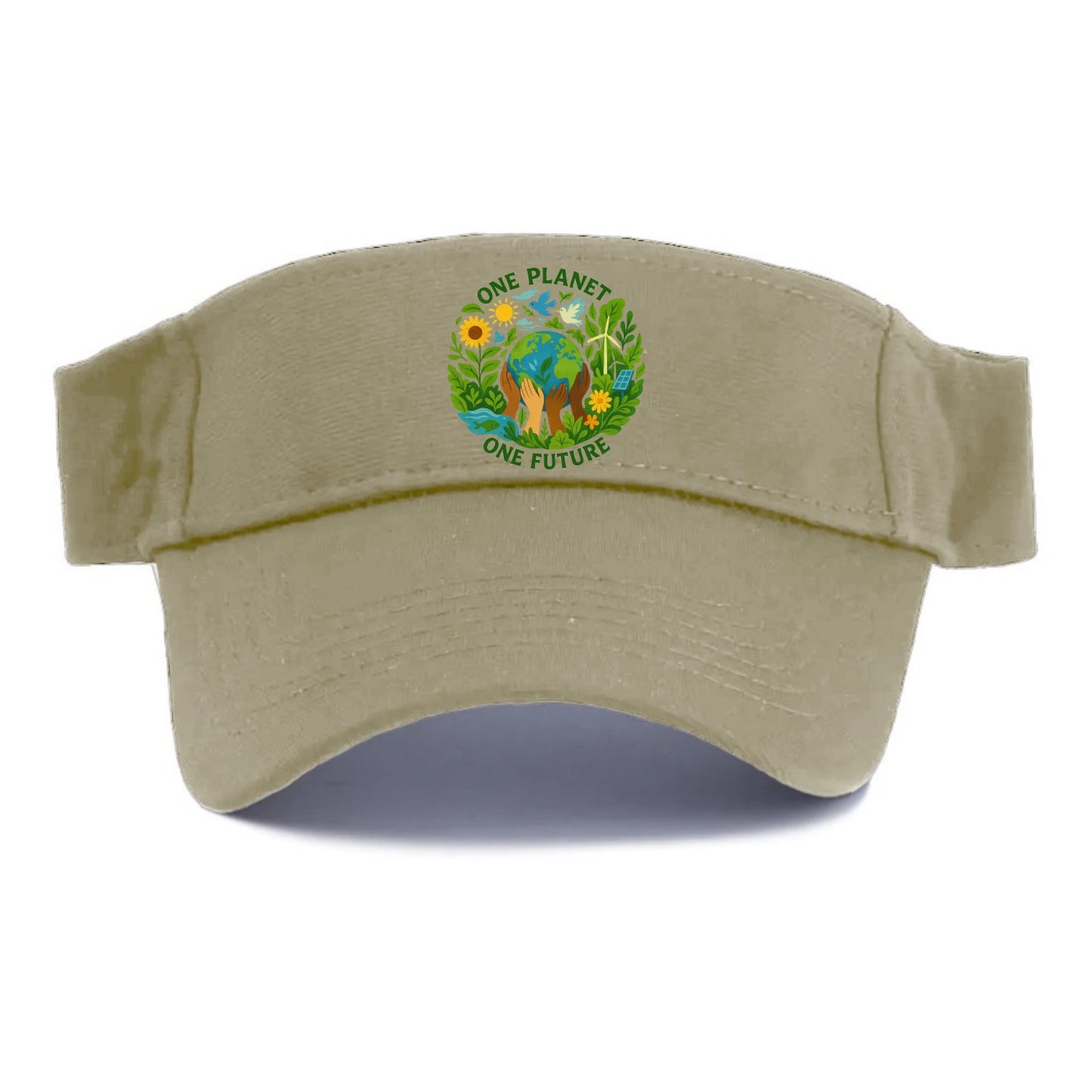 Globe surrounded by hands of all colors working together - "One Planet, One Future" - - Visor - Warm Sand(Khaki)