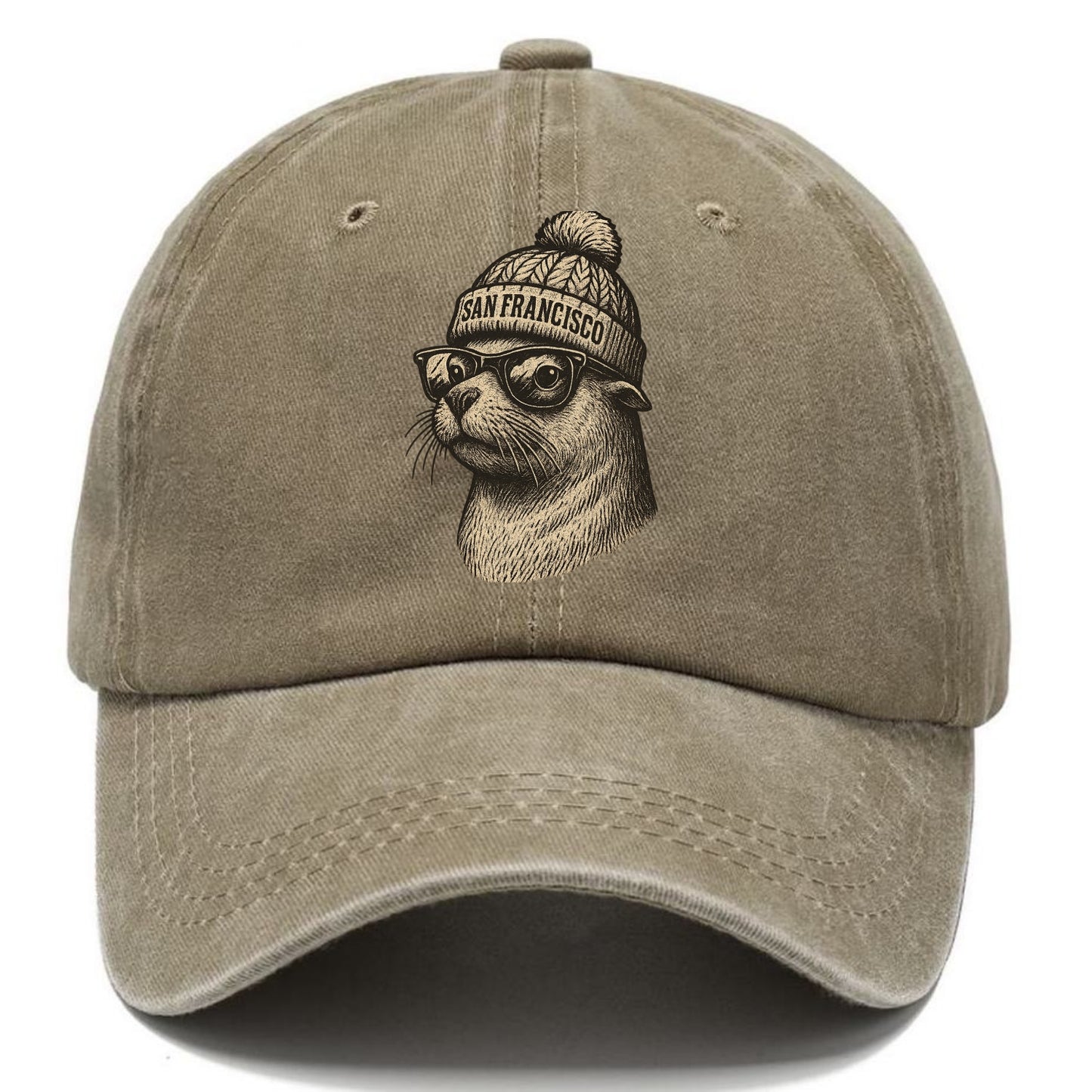 San Francisco Sea Lion wearing San Francisco beanie with pom pom and wayfarer - Classic Cap - Warm Sand(Khaki)