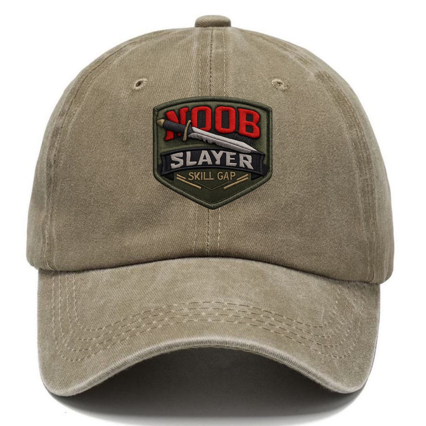 NOOB SLAYER - sword through noob text in red and silver , skill gap - Classic Cap - Warm Sand(Khaki)