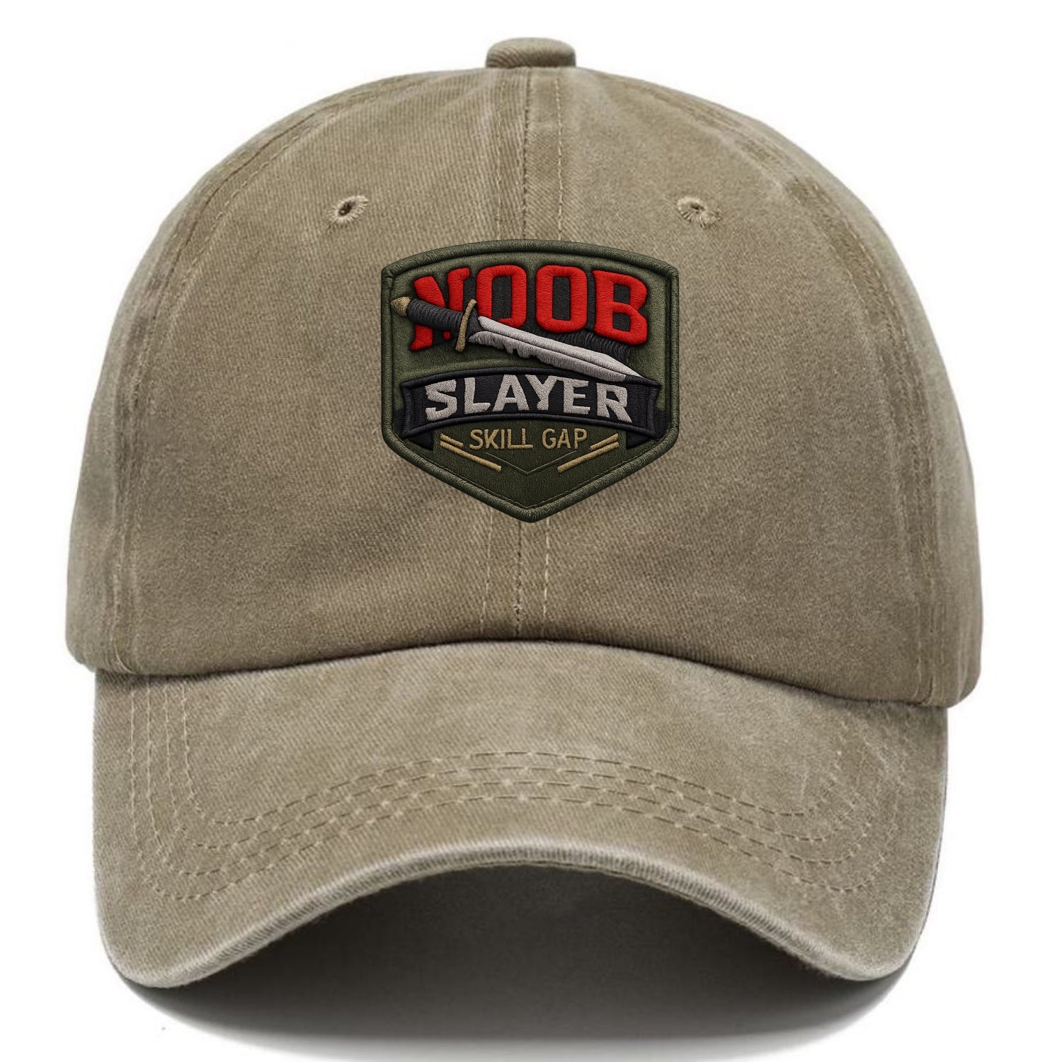 NOOB SLAYER - sword through noob text in red and silver , skill gap - Classic Cap - Warm Sand(Khaki)