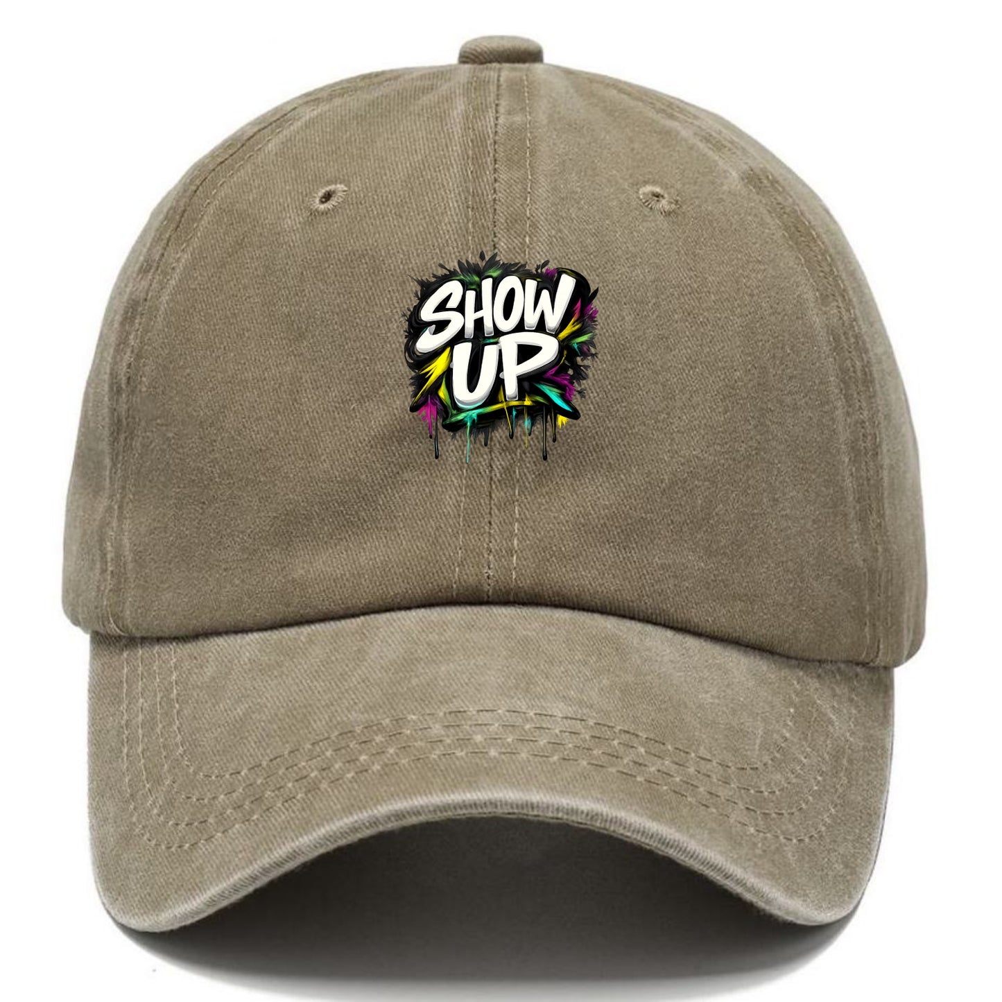 Bold typography design - "SHOW UP" - be present, arrive ready - Classic Cap - Warm Sand(Khaki)