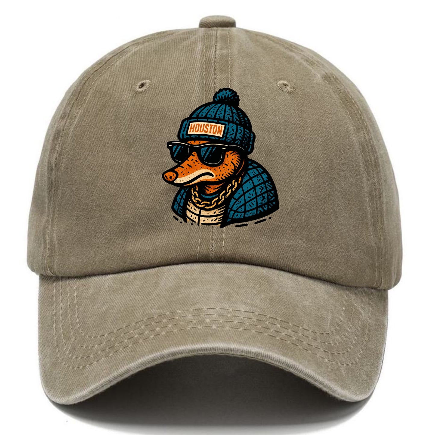 Houston Armadillo wearing Houston beanie with pom pom and wayfarer sunglasses - Classic Cap - Warm Sand(Khaki)