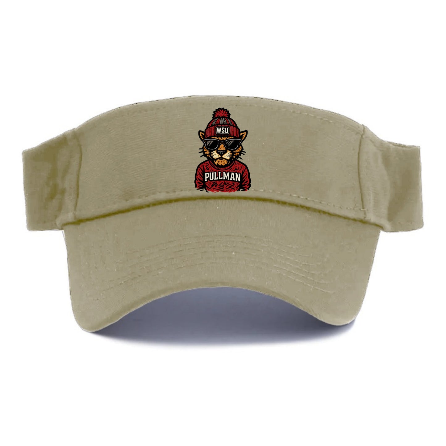 Pullman Cougar wearing Washington State beanie with WSU patch - Visor - Warm Sand(Khaki)
