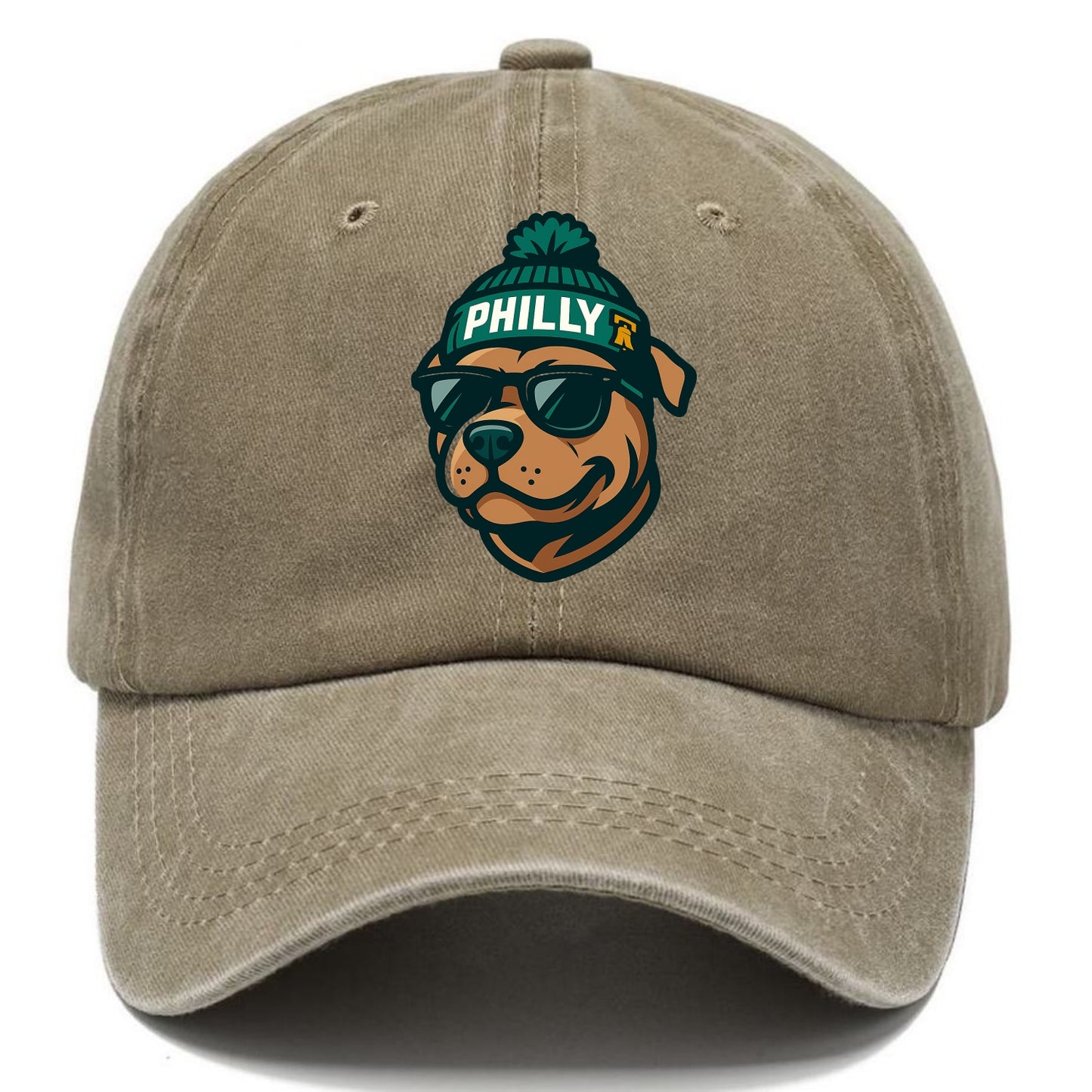 Philly Pitbull wearing Eagles beanie with Liberty Bell patch and wayfarer sunglasses - Classic Cap - Warm Sand(Khaki)