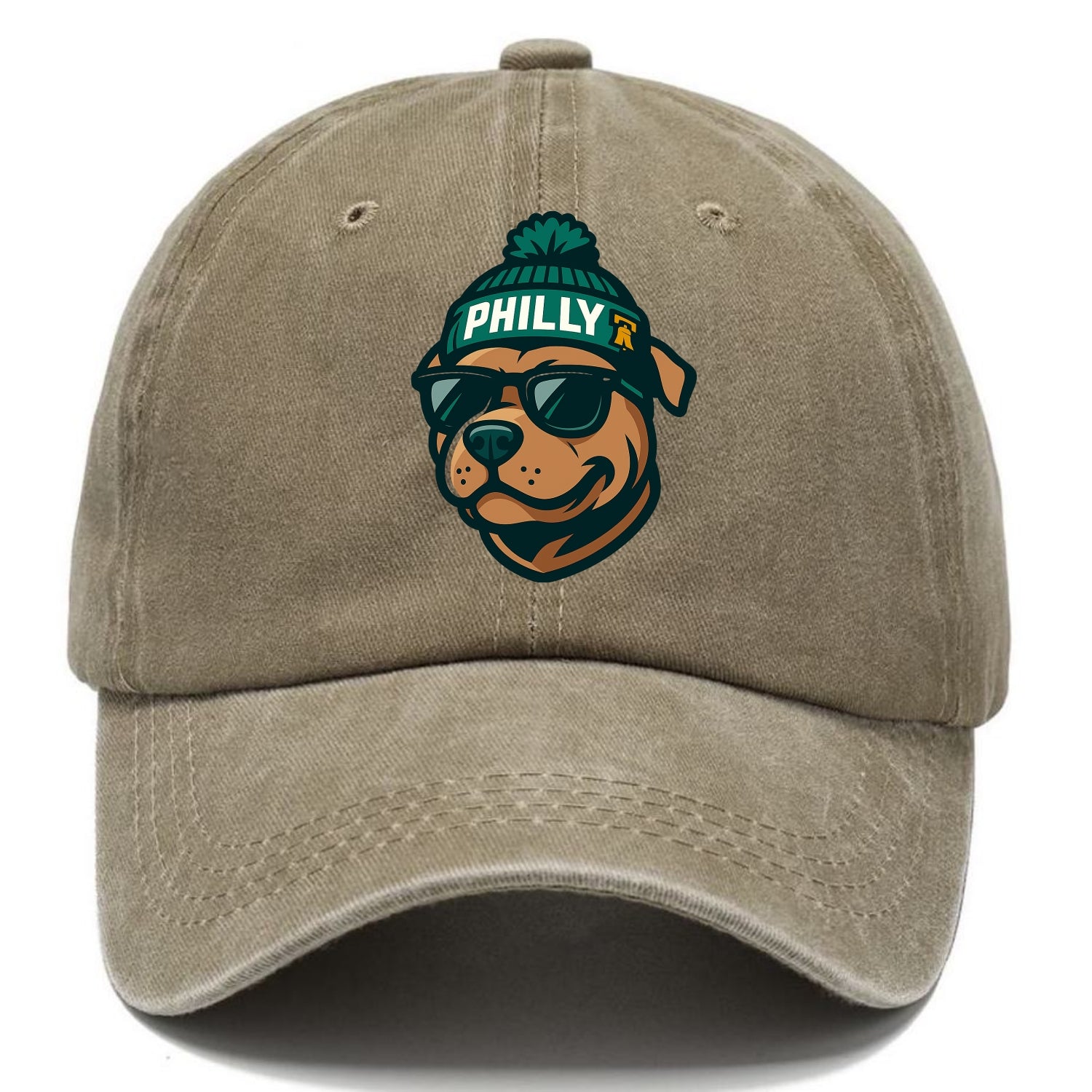 Philly Pitbull wearing Eagles beanie with Liberty Bell patch and wayfarer sunglasses - Classic Cap - Warm Sand(Khaki)