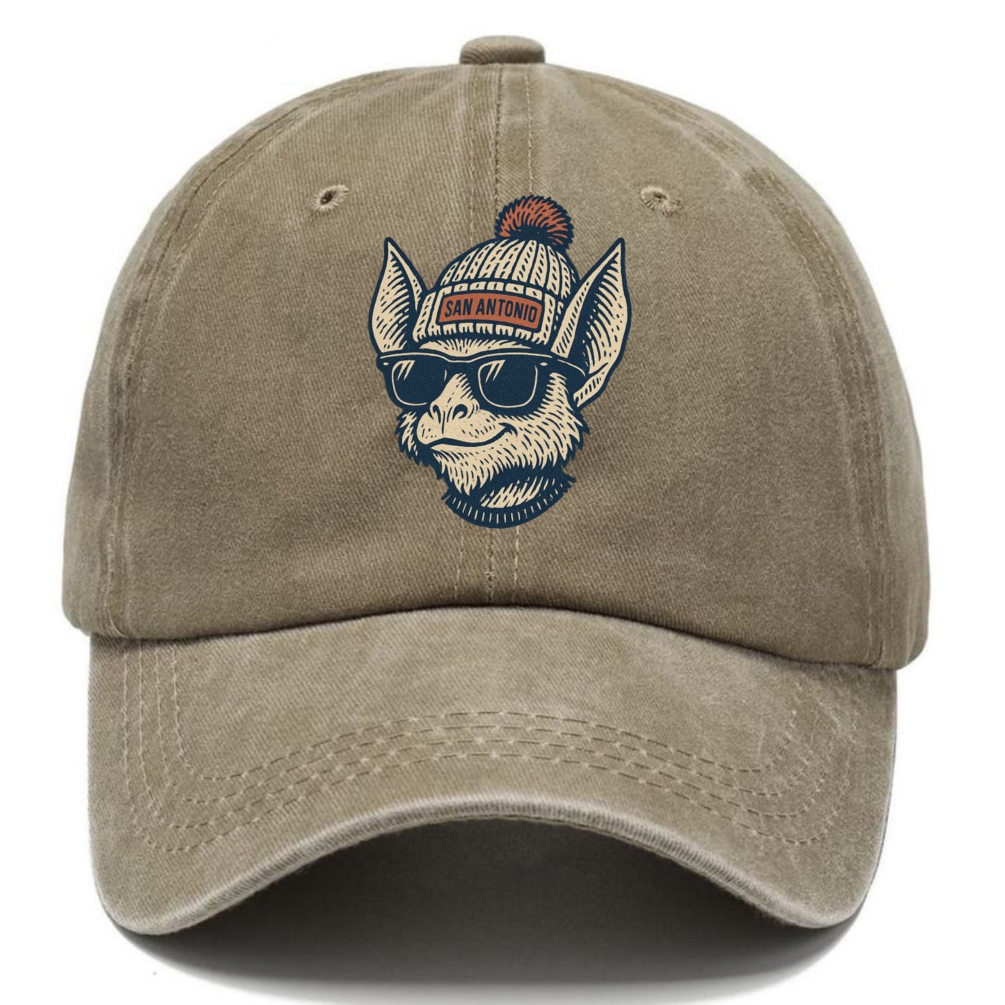 San Antonio Bat wearing San Antonio beanie with pom pom and wayfarer sunglasses - Classic Cap - Warm Sand(Khaki)