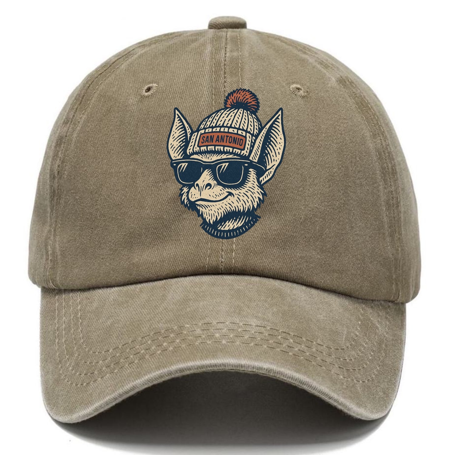 San Antonio Bat wearing San Antonio beanie with pom pom and wayfarer sunglasses - Classic Cap - Warm Sand(Khaki)
