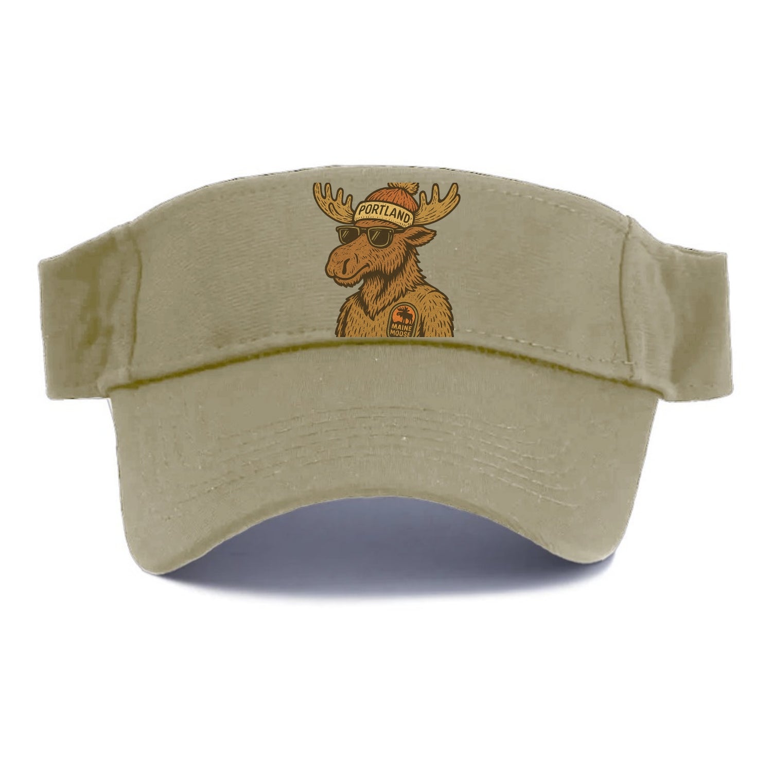 Maine Moose wearing Portland beanie with pom pom and wayfarer sunglasses - Visor - Warm Sand(Khaki)